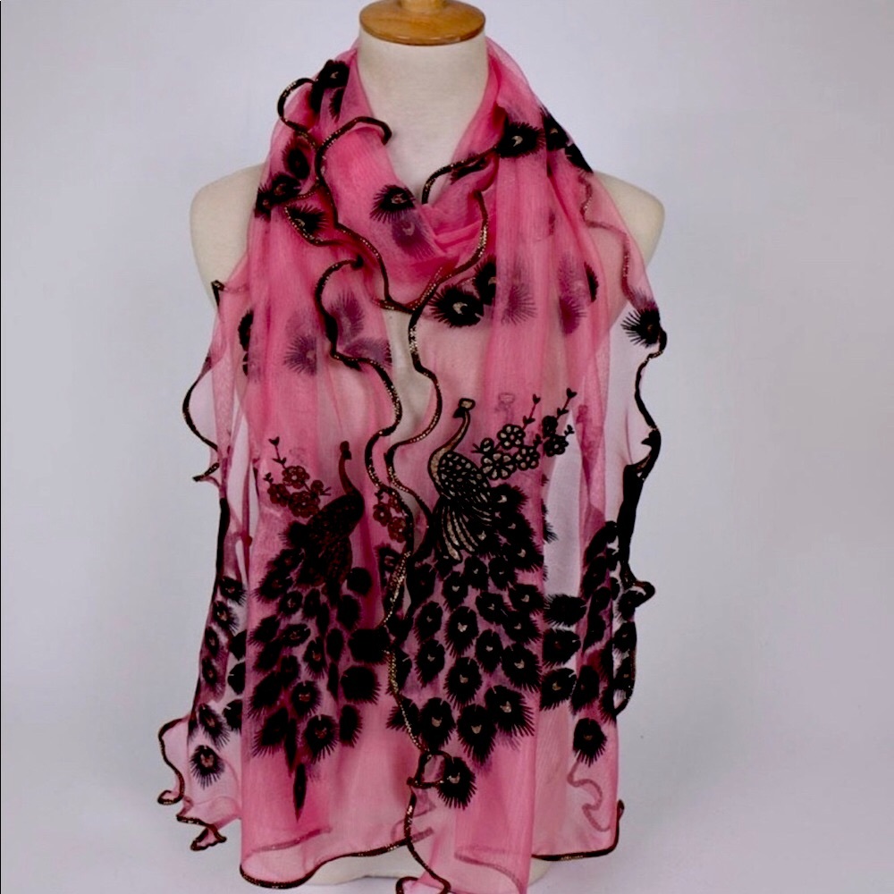 ☀️Parisian-style Gold-trim PINK Peacock Scarf🦚